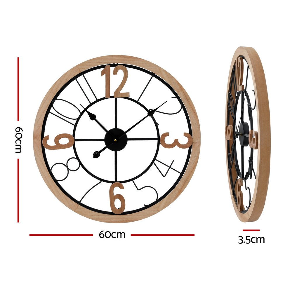 Artiss Wall Clock - Black and Pine 60cm - Wall Clocks