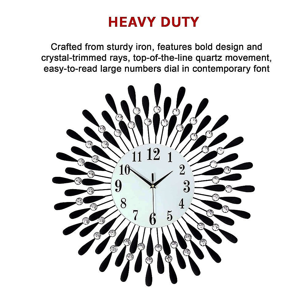 Large Round Modern 3D Crystal Wall Clock - Black And Crystal - Wall Clocks