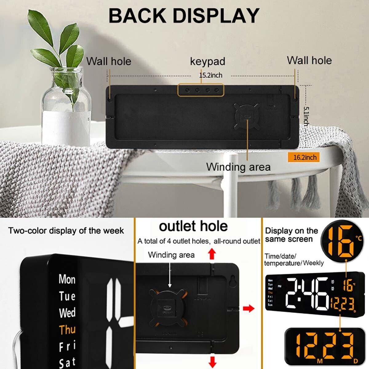 LED Digital Wall Clock - Black - Wall Clocks