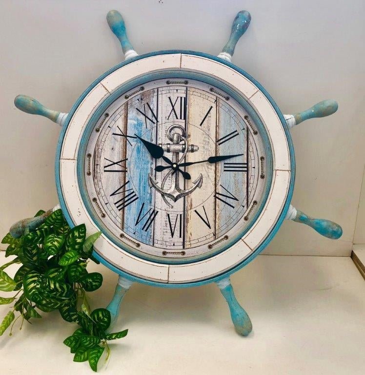 Oversized Ships Wheel Wall Clock - Antique Blue and Cream - Wall Clocks