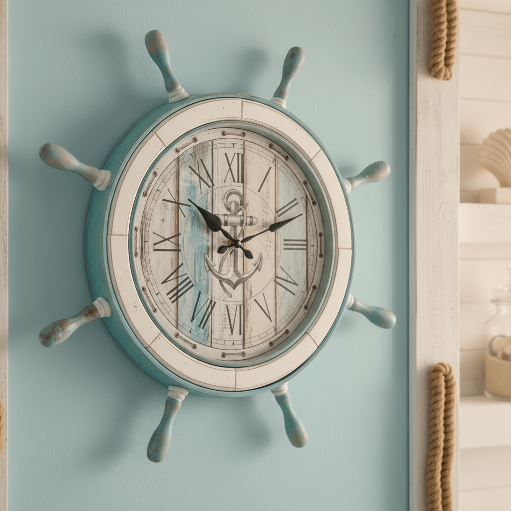Oversized Ships Wheel Wall Clock - Antique Blue and Cream - Wall Clocks