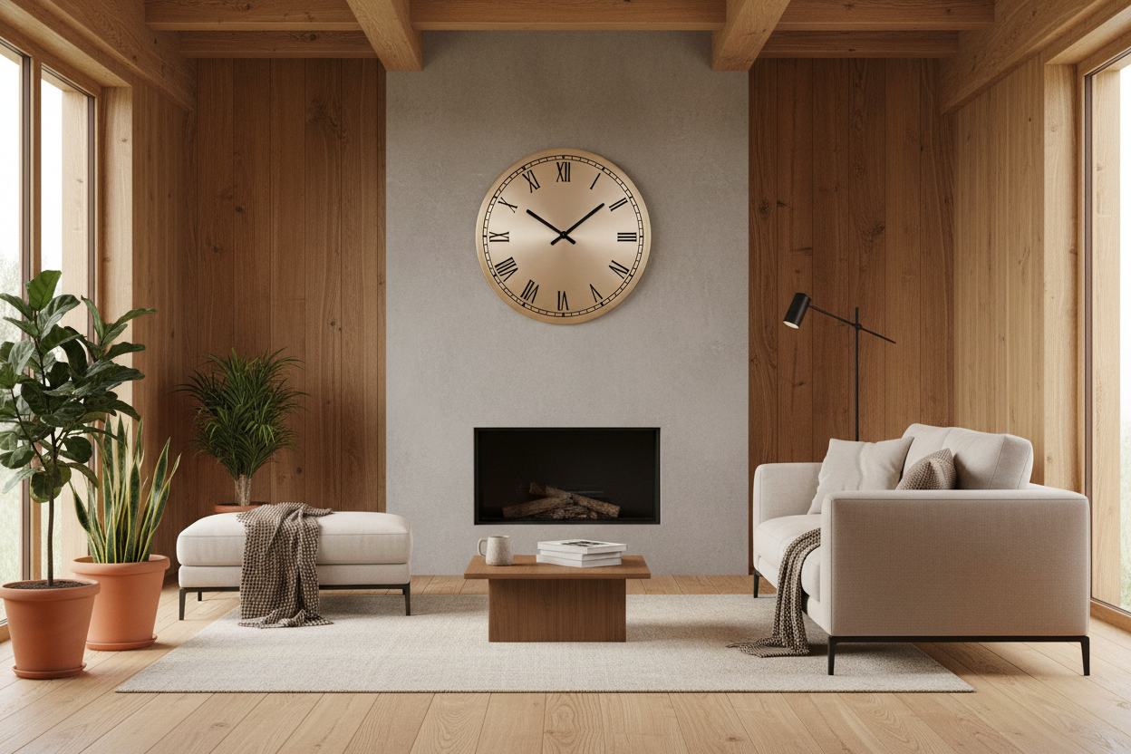 Timber house interior with Roman numeral clock
